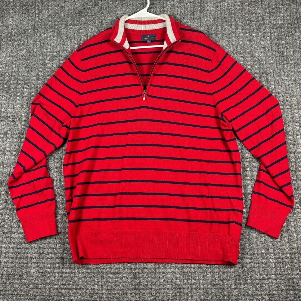 Brooks Brothers Extra Fine Merino Wool Striped Quarter Zip Sweater XL Red Navy